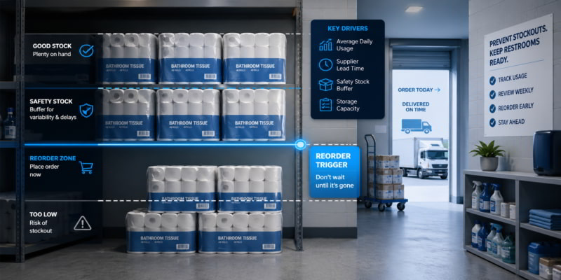 Organized toilet tissue supply closet showing reorder trigger, safety stock, and delivery timing.