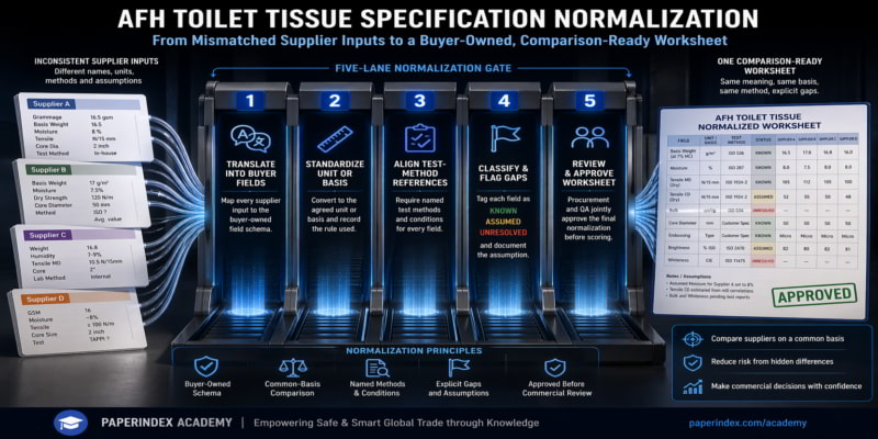 Infographic showing five normalization lanes converting mismatched AFH toilet tissue supplier inputs into one approved worksheet.