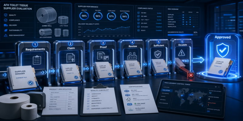 Six-step AFH toilet tissue supplier verification gate reviewing proof before approval.
