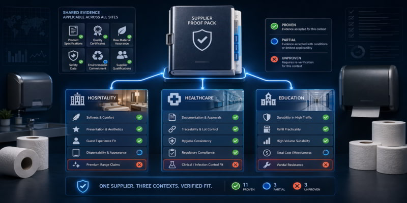 Supplier proof pack split into hospitality, healthcare, and education review lanes for AFH toilet tissue fit.