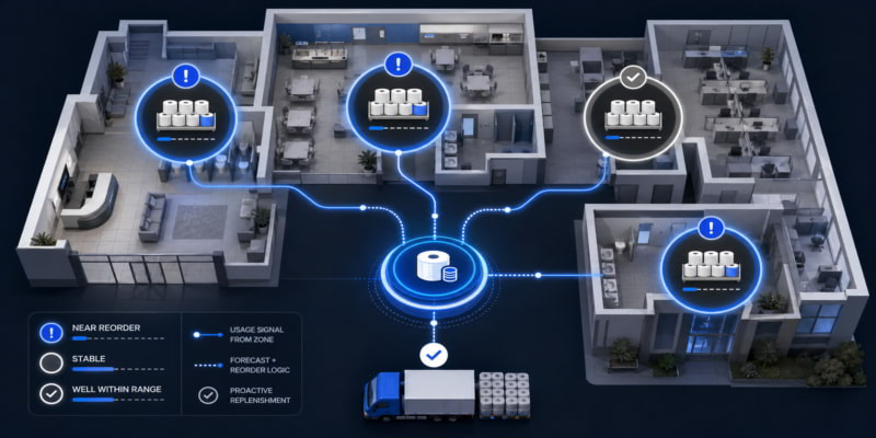 Facility map showing restroom zones linked to toilet tissue reorder triggers and proactive replenishment.