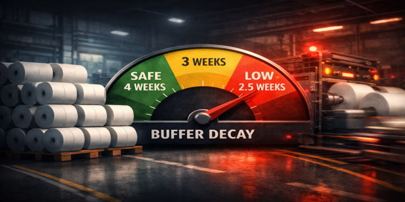Buffer decay gauge showing parent roll coverage shrinking as a fast toilet tissue converting line speeds up.
