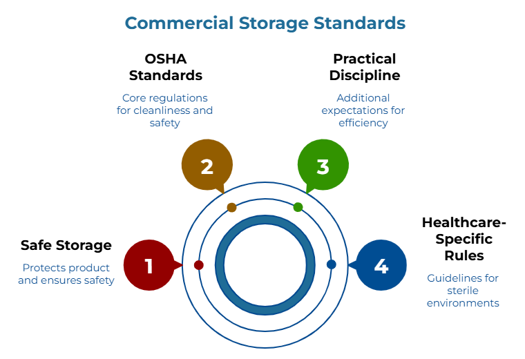 “Commercial Storage Standards” showing a four-step circular model. It outlines storage priorities for restroom paper: product protection and safety, core cleanliness and safety regulations, added standards for operational efficiency, and stricter guidelines for sterile or highly controlled environments.