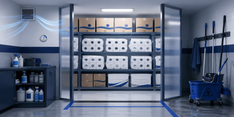 Clean janitorial closet with wrapped toilet tissue separated from chemicals and wet cleaning tools.