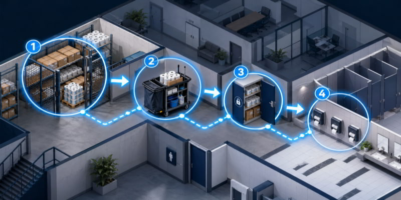 Isometric facility map showing toilet tissue moving from central stock to carts, closets, and restroom dispensers.