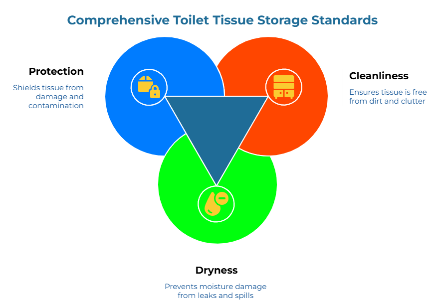 “Comprehensive Toilet Tissue Storage Standards” with three overlapping circles and a central triangle. It highlights three core standards: protect tissue from damage and contamination, keep storage areas clean and free of dirt and clutter, and prevent moisture damage from leaks and spills.