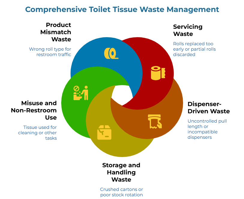 “Comprehensive Toilet Tissue Waste Management” showing five waste causes: wrong roll type for restroom traffic, rolls replaced too early, uncontrolled pull length or incompatible dispensers, crushed cartons or poor stock rotation, and tissue used for cleaning tasks.