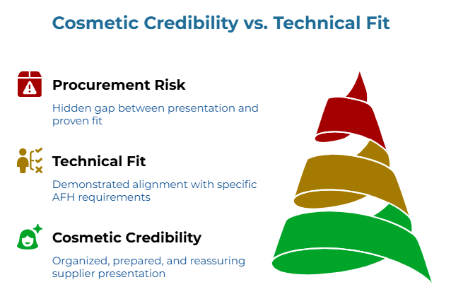 “Cosmetic Credibility vs. Technical Fit” showing a three-level pyramid. It contrasts reassuring supplier presentation with proven technical alignment to specific AFH toilet tissue requirements, warning of a hidden gap between polished appearance and verified product fit.