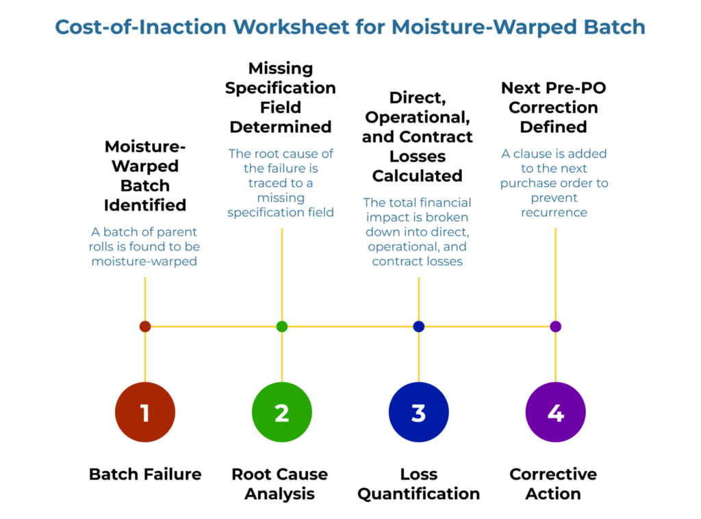“Cost-of-Inaction Worksheet for Moisture-Warped Batch” showing a four-step timeline: identifying a moisture-warped parent roll batch, tracing the root cause to a missing specification field, calculating direct, operational, and contract losses, and defining a corrective clause for the next purchase order.