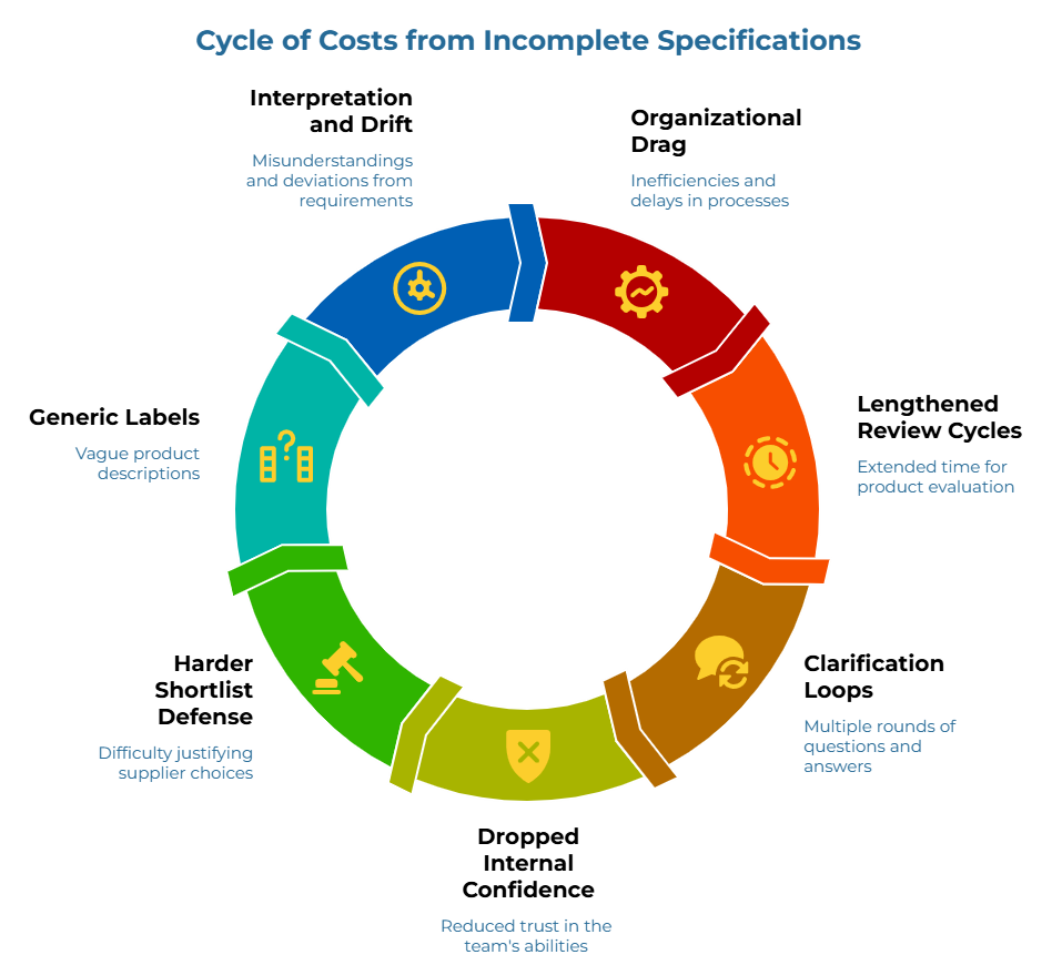 “Cycle of Costs from Incomplete Specifications” showing a circular chain of six consequences: vague product descriptions, misunderstandings and requirement deviations, process inefficiencies and delays, longer product evaluation time, repeated rounds of questions, reduced trust in the team, and difficulty justifying supplier choices.