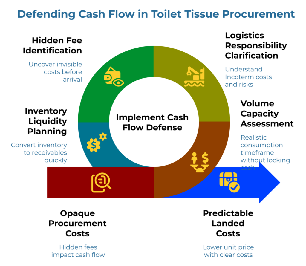 “Defending Cash Flow in Toilet Tissue Procurement” showing a circular workflow around “Implement Cash Flow Defense.” It highlights hidden fee identification, inventory liquidity planning, clarifying logistics responsibility through Incoterms, and assessing volume capacity to move from opaque procurement costs to predictable landed costs.