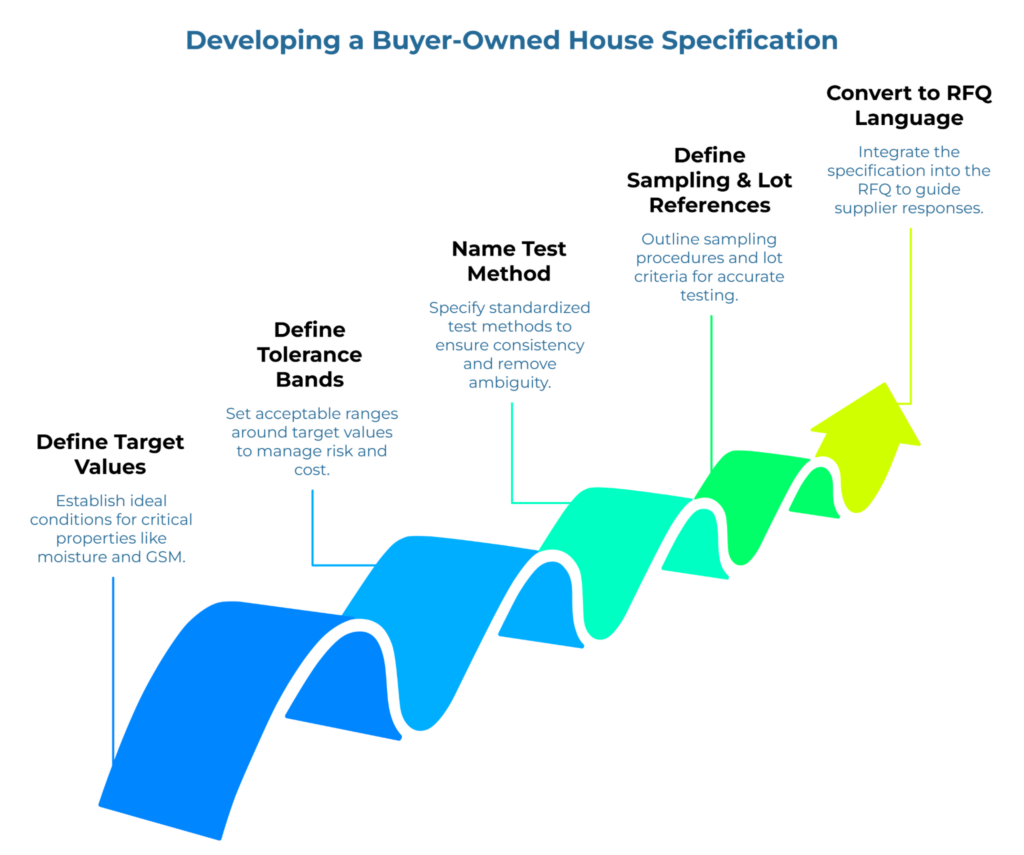 “Developing a Buyer-Owned House Specification” showing a rising five-step workflow. It covers defining target values, setting tolerance bands, naming standardized test methods, defining sampling and lot references, and converting the finished specification into RFQ language to guide supplier responses.
