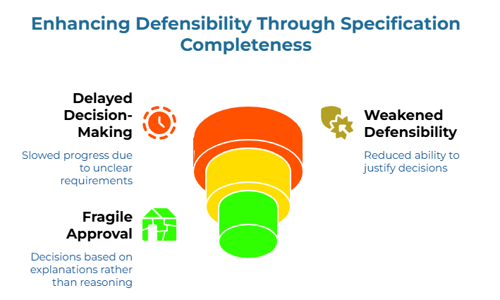 “Enhancing Defensibility Through Specification Completeness” showing a three-level funnel. It illustrates how incomplete requirements slow progress, force decisions based on explanations instead of clear reasoning, and reduce the team’s ability to justify sourcing choices with confidence.