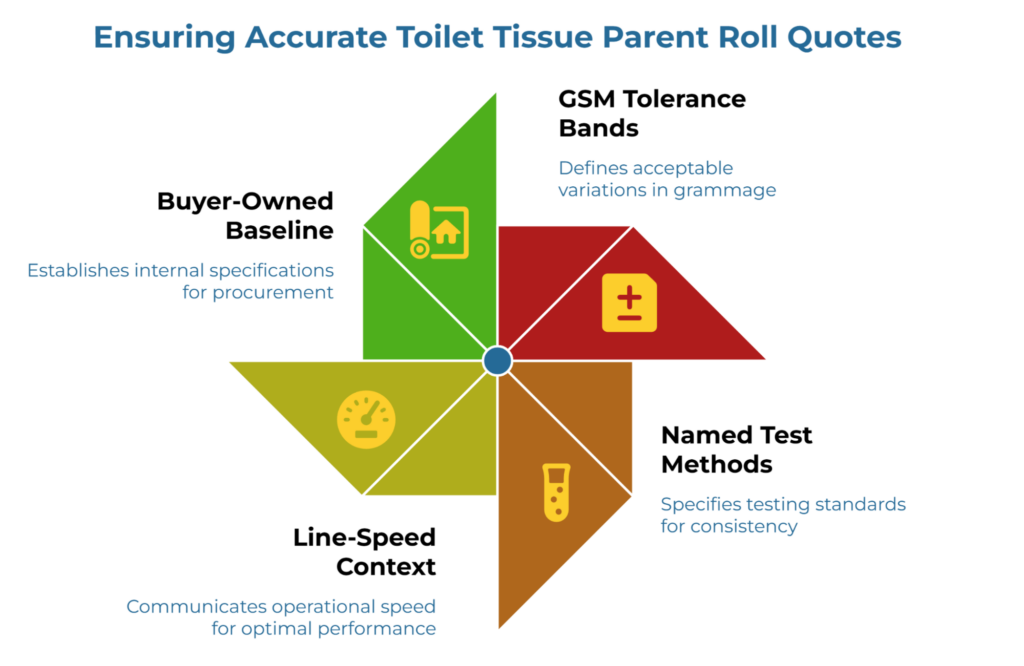 “Ensuring Accurate Toilet Tissue Parent Roll Quotes” with a four-blade pinwheel diagram. It highlights four essentials for quoting accuracy: a buyer-owned baseline, GSM tolerance bands, named test methods, and line-speed context, showing how internal specs guide consistent parent roll quote evaluation.