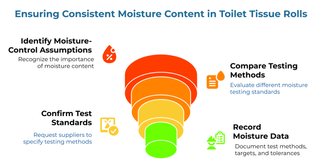 “Ensuring Consistent Moisture Content in Toilet Tissue Rolls” showing a layered funnel and four actions: identify moisture-control assumptions, confirm supplier test standards, compare moisture testing methods, and record methods, targets, and tolerances to keep tissue roll moisture consistent.