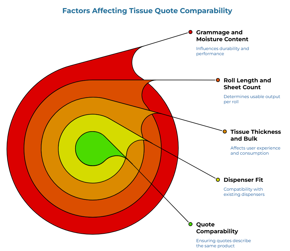 “Factors Affecting Tissue Quote Comparability” using layered concentric shapes to show the main variables buyers must align before comparing quotes: durability and performance, usable output per roll, user experience and consumption, dispenser compatibility, and whether all quotes describe the same product.