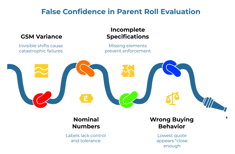 “False Confidence in Parent Roll Evaluation” showing a leaking pipe with four weak points. Callouts explain hidden risks in parent roll assessment: invisible shifts can trigger catastrophic failures, labels lack measurable controls and tolerances, missing elements prevent enforcement, and the lowest quote may only appear close enough.