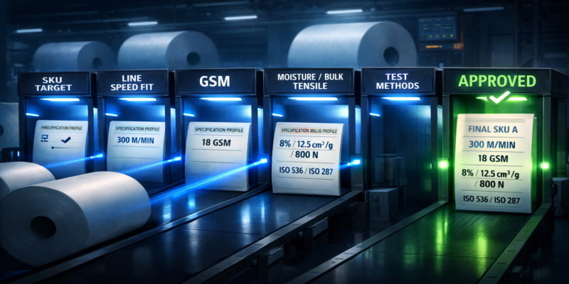 Specification dossier passing through five validation gates for SKU target, line speed, GSM, material properties, and test methods before approval.