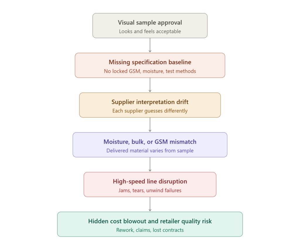 Flowchart showing how visual sample approval can lead to operational failure: approval based on appearance, no locked specification baseline, supplier interpretation drift, mismatched moisture, bulk, or GSM, high-speed line disruptions such as jams and tears, and finally hidden cost blowouts and retailer quality risk.