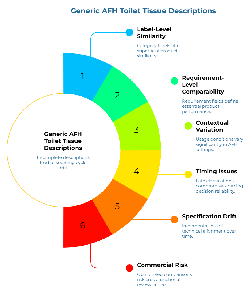“Generic AFH Toilet Tissue Descriptions” showing a six-step semicircle. It explains how incomplete away-from-home tissue descriptions create sourcing drift, from superficial category labels to missing performance fields, variable usage conditions, late clarifications, lost technical alignment, and opinion-led comparisons.