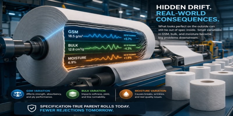 Cutaway parent roll reveals hidden GSM, bulk, and moisture drift inside a toilet tissue converting line.