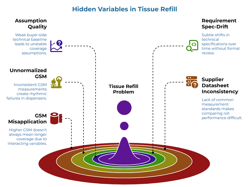 “Hidden Variables in Tissue Refill” showing concentric review zones around a central point. It highlights overlooked factors affecting toilet tissue refill performance: weak buyer-side baselines, inconsistent GSM measurement, higher GSM not always giving longer coverage, quiet specification drift, and lack of common measurement standards.
