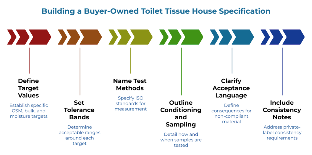 “Building a Buyer-Owned Toilet Tissue House Specification” showing a six-step arrow sequence. It covers defining GSM, bulk, and moisture targets, setting tolerance bands, naming ISO test methods, outlining conditioning and sampling, clarifying acceptance language, and adding consistency notes.