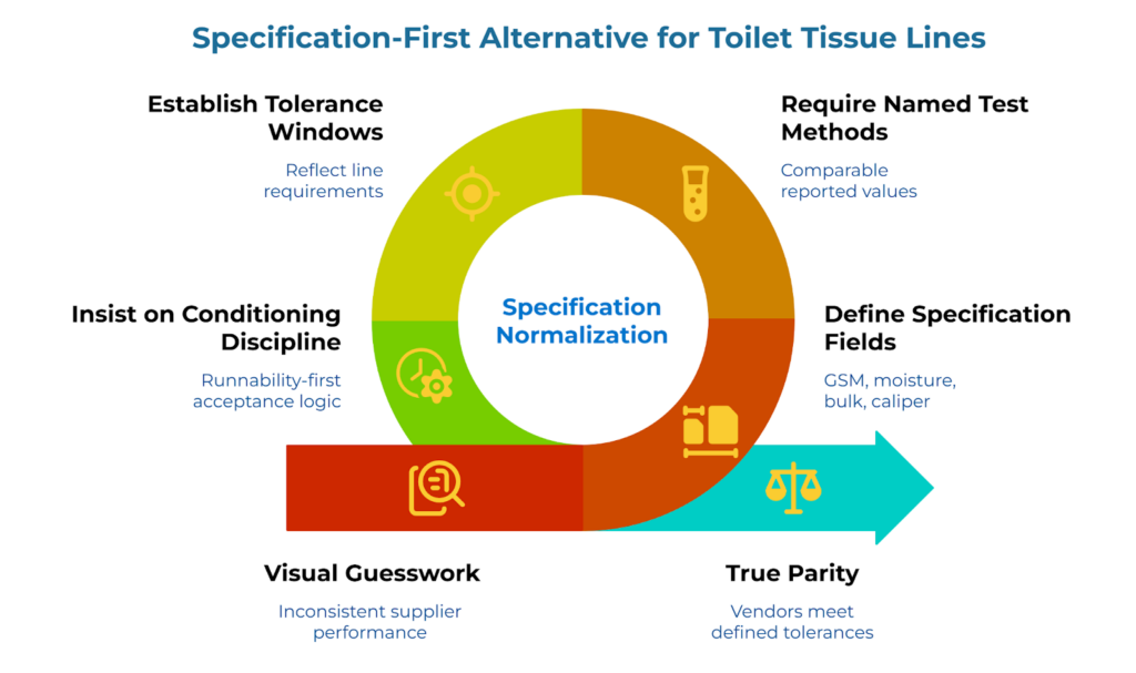 “Specification-First Alternative for Toilet Tissue Lines” showing a circular process labeled “Specification Normalization” that replaces visual guesswork with true parity by defining specification fields, requiring named test methods, establishing tolerance windows, and insisting on conditioning discipline.