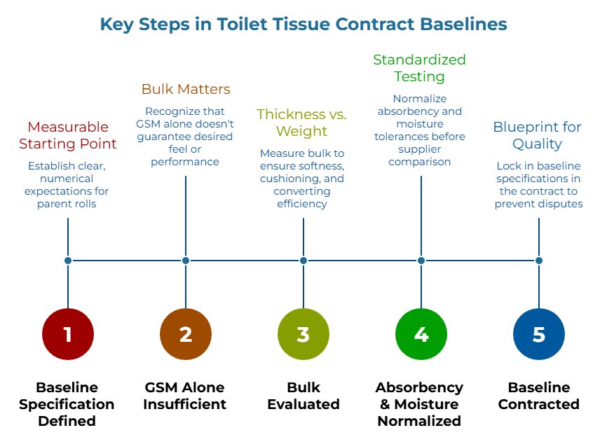 “Key Steps in Toilet Tissue Contract Baselines” showing a five-step timeline. It covers setting measurable starting points, recognizing that bulk matters, comparing thickness versus weight, standardizing absorbency and moisture testing before supplier review, and locking the baseline specification into the contract to prevent disputes.