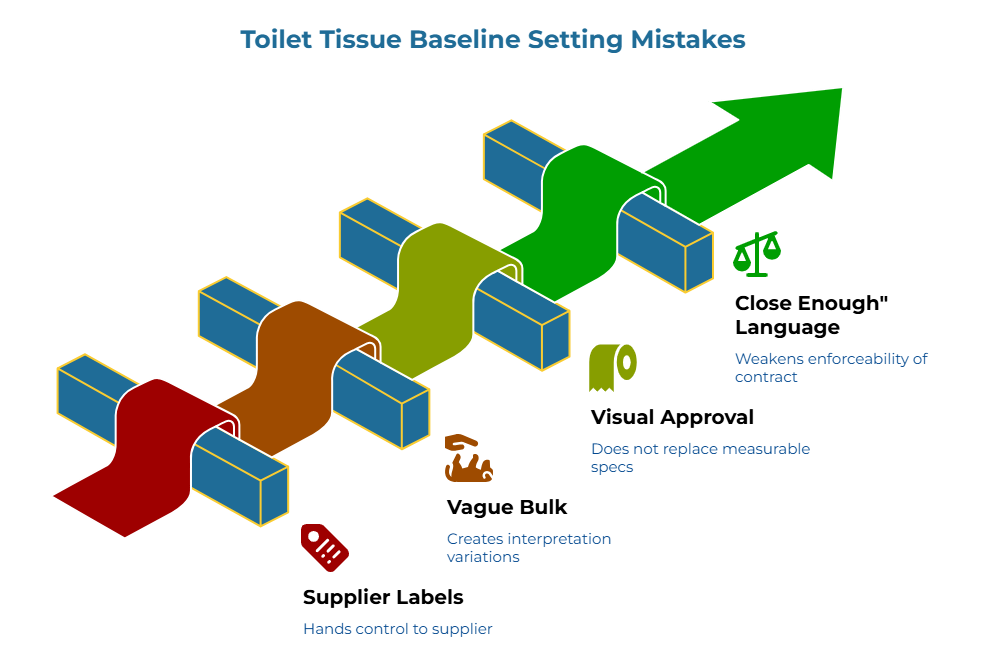 “Toilet Tissue Baseline Setting Mistakes” showing a rising, winding path over support beams. Callouts warn that weak baseline practices hand control to suppliers, create interpretation variations, fail to replace measurable specifications, and weaken contract enforceability.