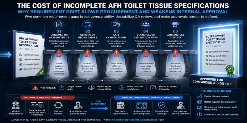 Five requirement gaps in AFH toilet tissue specs blocking quote comparison, QA alignment, and approval.