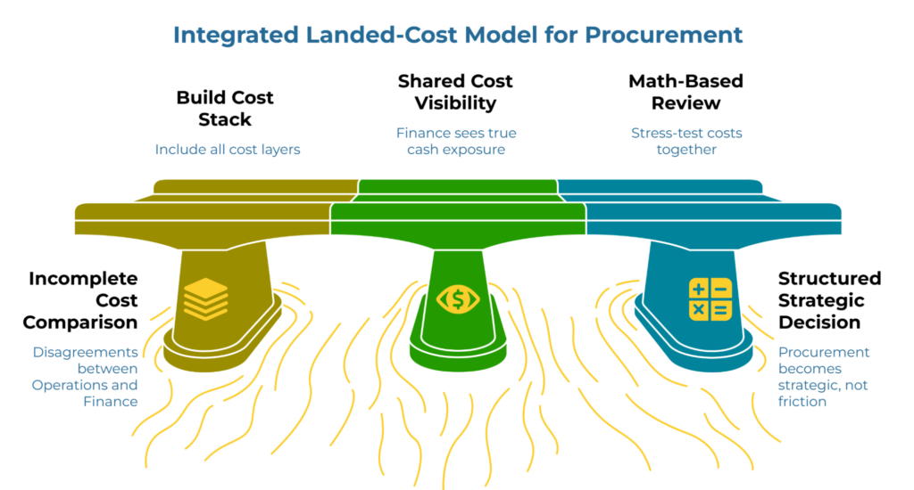 “Integrated Landed-Cost Model for Procurement” using a bridge visual to show three linked actions: build a full cost stack, create shared visibility of true cash exposure, and review costs mathematically together. It contrasts incomplete cost comparison and internal friction with structured, strategic procurement decisions.