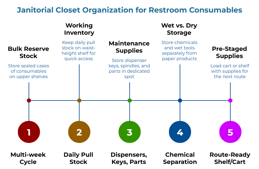 “Janitorial Closet Organization for Restroom Consumables” showing a five-step timeline. It advises storing sealed paper products on upper shelves, keeping daily pull stock at waist height, placing dispenser keys and spare parts in a dedicated spot, separating chemicals and wet tools from paper, and loading carts or shelves for the next cleaning route.
