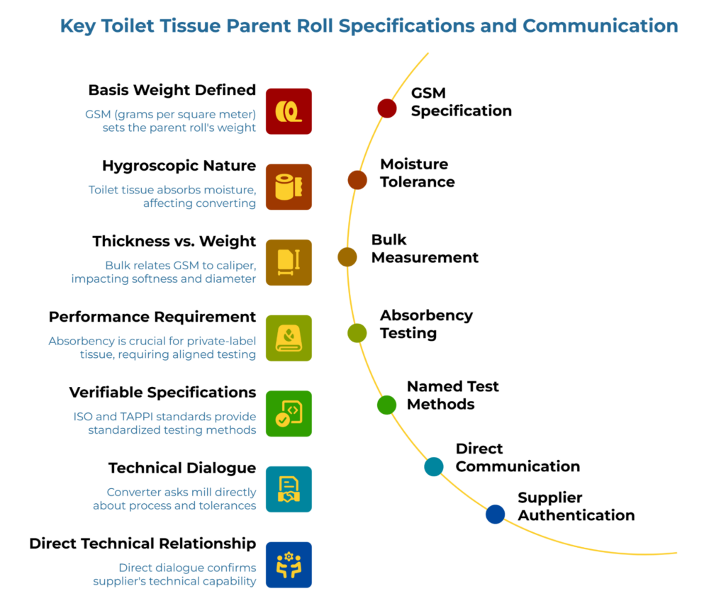 “Key Toilet Tissue Parent Roll Specifications and Communication” showing a curved workflow. It links basis weight, moisture tolerance, bulk measurement, absorbency testing, named test methods, direct mill communication, and supplier authentication to clearer toilet tissue parent roll specifications and better sourcing control.