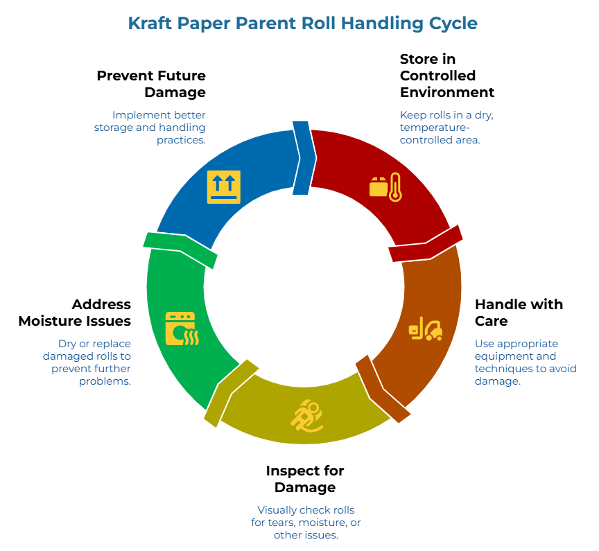 “Kraft Paper Parent Roll Handling Cycle” showing five practices: keep rolls dry and temperature-controlled, use proper handling equipment, inspect for tears or moisture, dry or replace damaged rolls, and improve storage and handling practices.