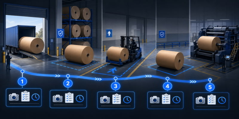 Kraft paper parent rolls moving through documented warehouse handoff checkpoints before production.