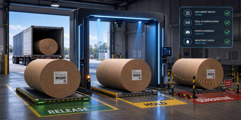Kraft paper parent rolls passing through a warehouse receiving gate with release, hold, and quarantine lanes.