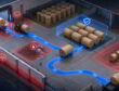 Kraft paper rolls moving through a warehouse map with moisture-risk zones and a safe storage route highlighted.