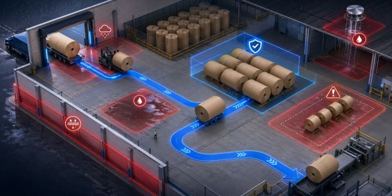 Kraft paper rolls moving through a warehouse map with moisture-risk zones and a safe storage route highlighted.