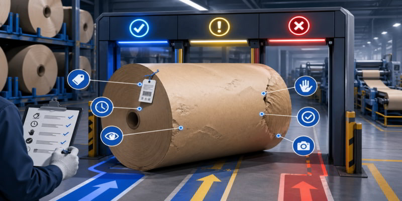 Kraft paper roll at a pre-production inspection gate with release, caution, and hold decision indicators.