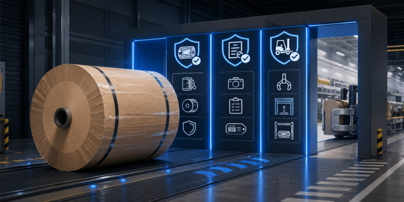 Kraft paper jumbo roll passing through packaging, documentation, and warehouse readiness checks.