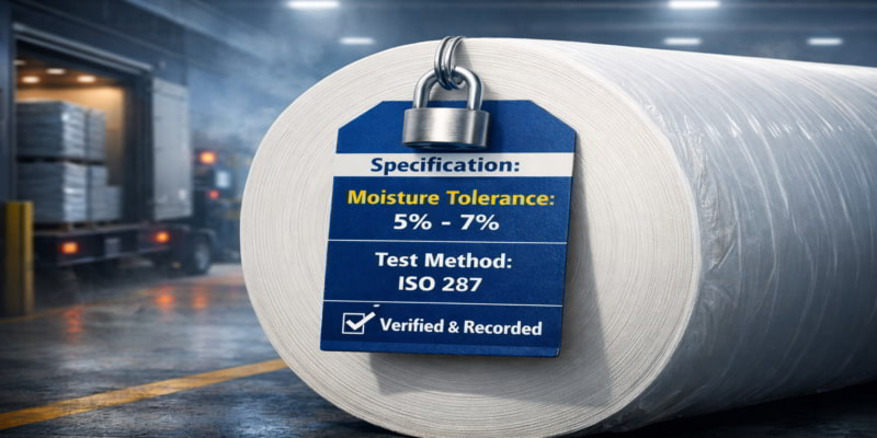 Locked specification tag on a toilet tissue parent roll highlighting moisture tolerance and ISO 287 before shipment.