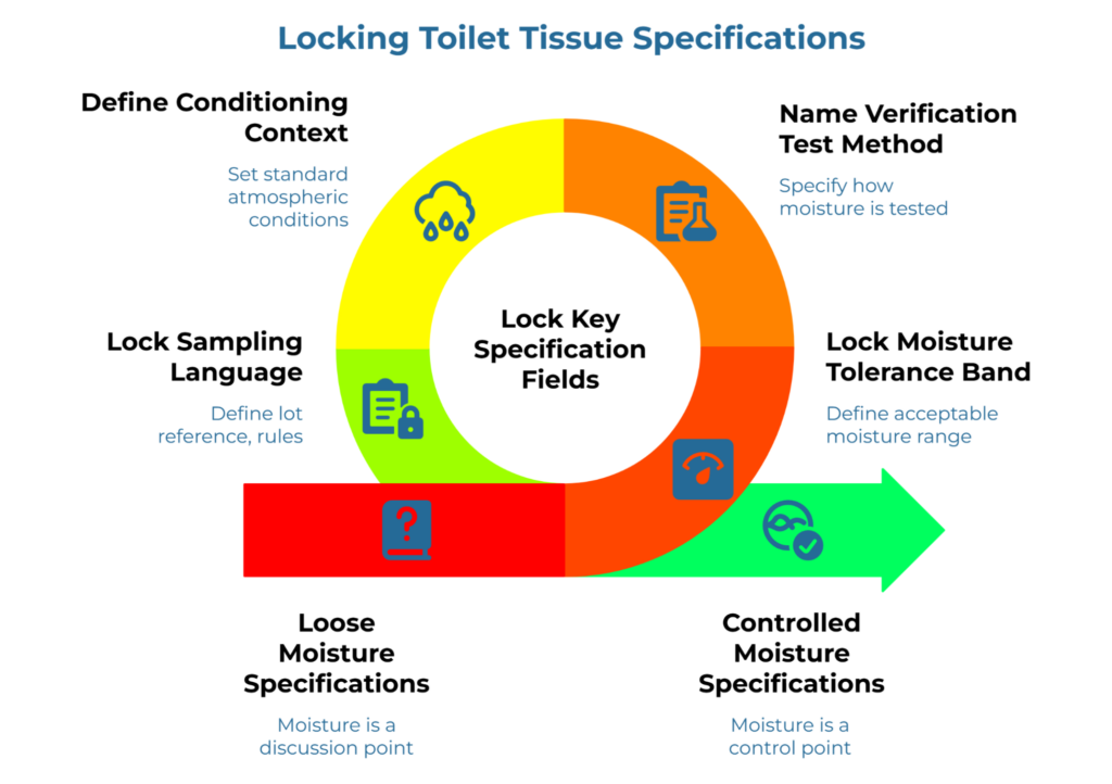 “Locking Toilet Tissue Specifications” showing a circular workflow for locking key moisture-related fields. It covers defining conditioning context, naming the verification test method, locking a moisture tolerance band, and locking sampling language to move from loose to controlled moisture specifications.