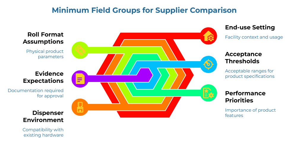 “Minimum Field Groups for Supplier Comparison” showing layered arrows around a hexagon. It highlights the core fields needed to compare suppliers fairly: physical product parameters, approval documentation, hardware compatibility, facility context and usage, acceptable specification ranges, and feature importance.
