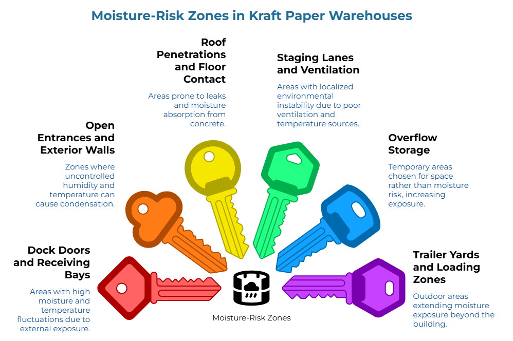 “Moisture-Risk Zones in Kraft Paper Warehouses” showing six key-shaped zones: exterior exposure, uncontrolled humidity, leak-prone concrete areas, unstable ventilation or temperature zones, temporary space increasing exposure, and outdoor moisture risks.