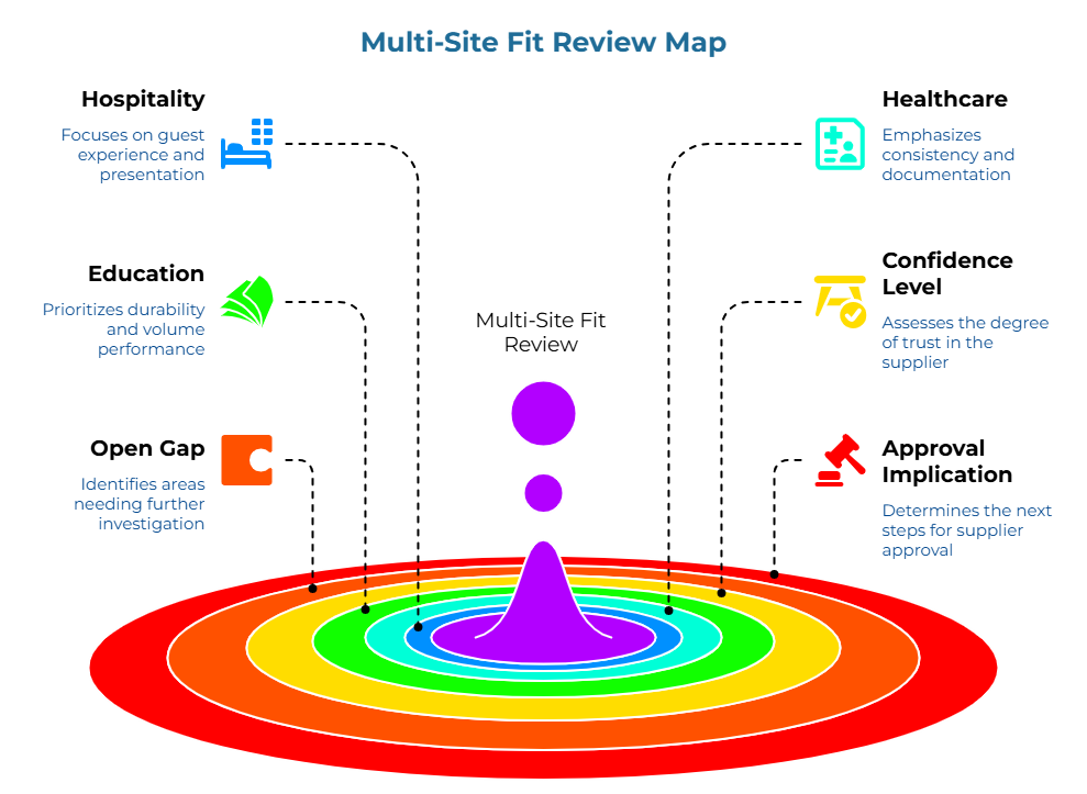 “Multi-Site Fit Review Map” showing concentric review zones around a central point. It compares site priorities across facilities: guest experience and presentation, durability and volume performance, consistency and documentation, trust in the supplier, approval next steps, and areas needing further investigation.