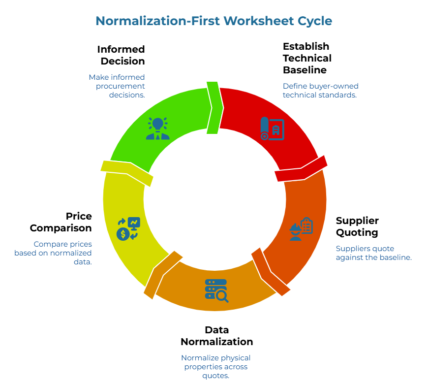 “Normalization-First Worksheet Cycle” showing a circular four-step process for procurement comparison. The cycle moves from defining buyer-owned technical standards, to suppliers quoting against the baseline, to normalizing physical properties across quotes, and finally comparing prices on normalized data to support informed decisions.