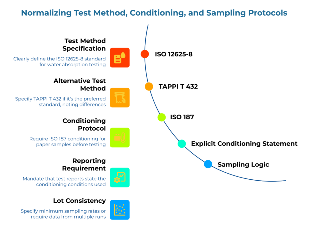 “Normalizing Test Method, Conditioning, and Sampling Protocols” showing a curved five-step timeline. It names ISO 12625-8 or TAPPI T 432 for water absorption, ISO 187 for conditioning, plus explicit reporting of conditioning and minimum sampling rules for lot consistency.