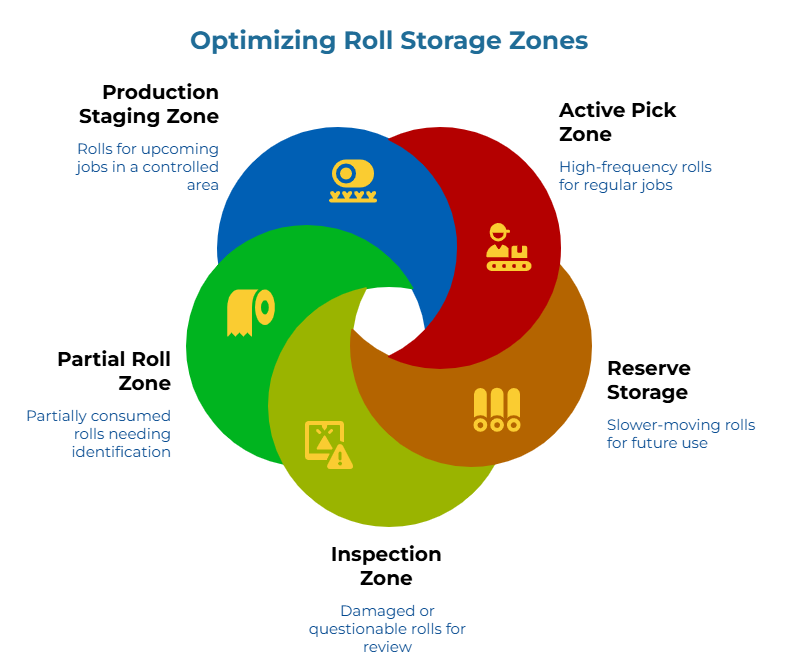 Optimizing Roll Storage Zones” showing five kraft paper roll storage categories: controlled area for upcoming jobs, high-frequency rolls for regular jobs, slower-moving rolls for future use, damaged or questionable rolls for review, and partially consumed rolls needing identification.