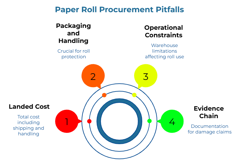 “Paper Roll Procurement Pitfalls” showing four key risk areas around a central target: total cost including shipping and handling, roll protection needs, warehouse limitations affecting roll use, and documentation required for damage claims.
